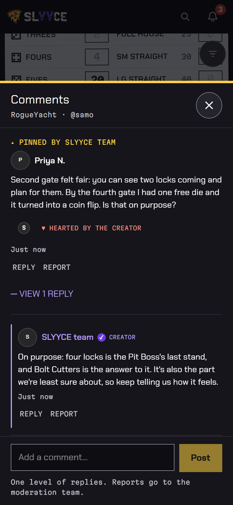 Comments on RogueYacht: a comment pinned and hearted by the creator, and the SLYYCE team’s reply with a creator badge.