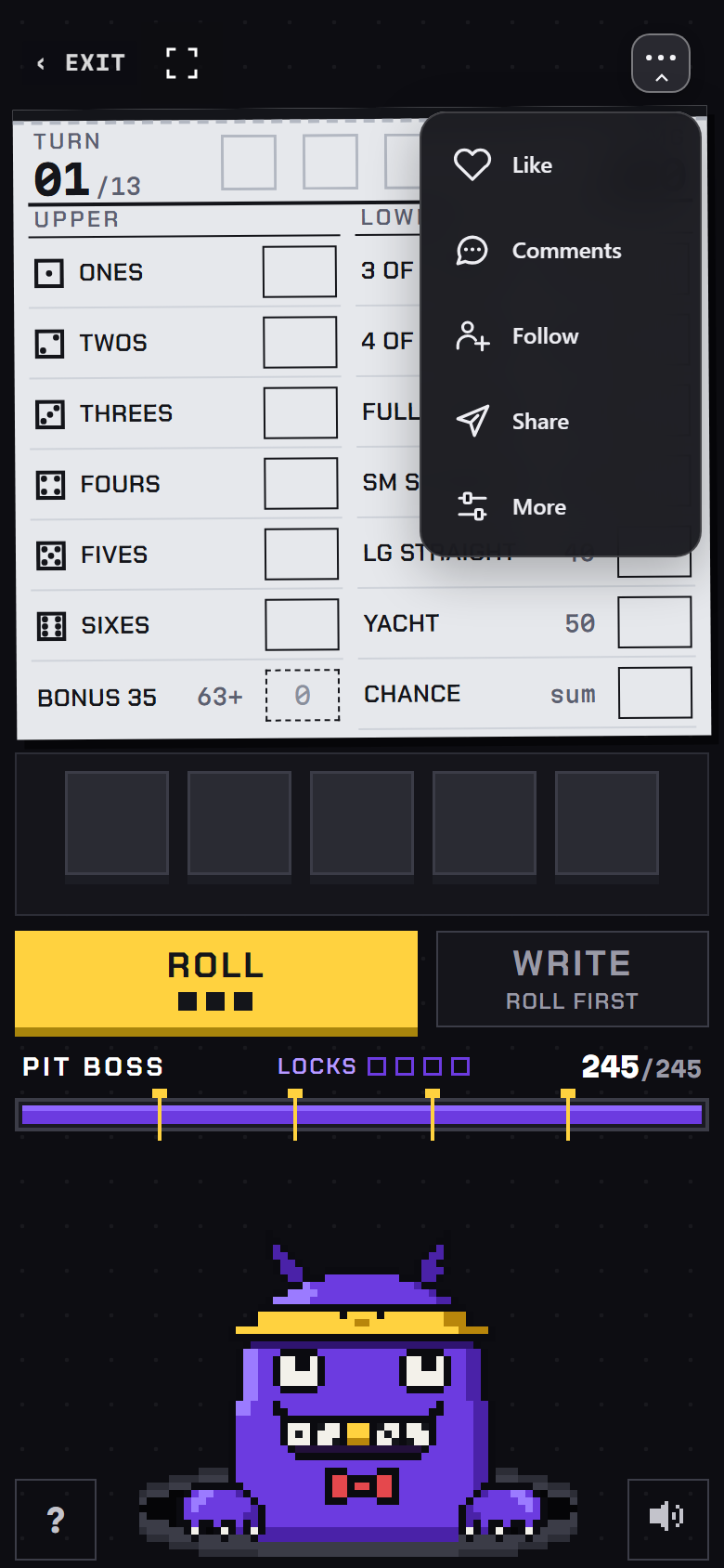 RogueYacht running full screen in SLYYCE, with the in-game menu open: Like, Comments, Follow, Store, Share, More.