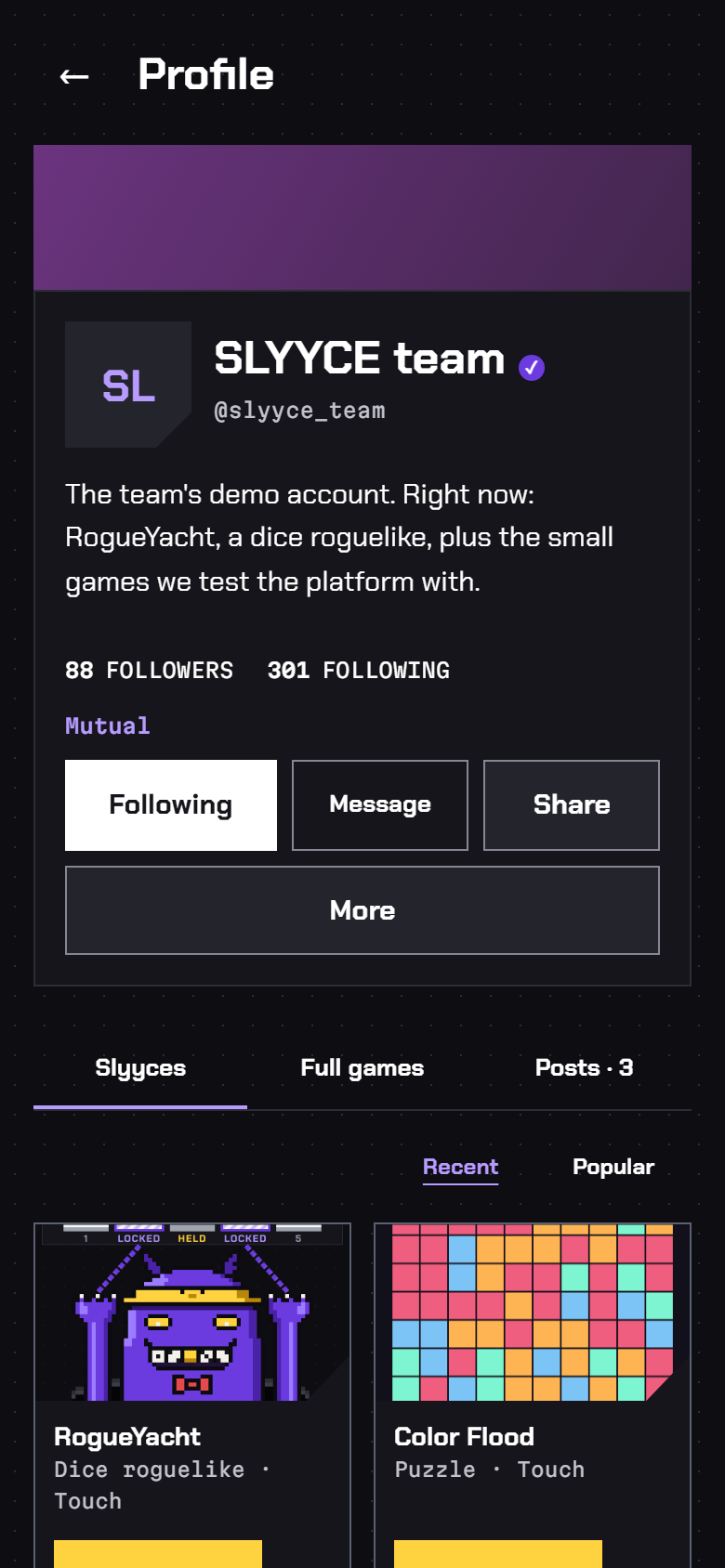 The SLYYCE team’s developer profile with follower counts, Following, Message and Share buttons, and tabs for Slyyces, Full games and Posts.